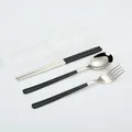 Portable 3-piece stainless steel cutlery set with black handles and travel case. - 3-Piece Set (Spoon, Fork, and Chopsticks) / Black Silver/Clear Box