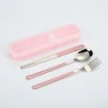 Portable 304 stainless steel pink cutlery set with spoon, fork, chopsticks and case - 3-Piece Set (Spoon, Fork, and Chopsticks) / Pink Silver/Pink Box