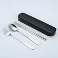 3-piece portable stainless steel cutlery set with spoon fork chopsticks and black box - Smile Face 3-Piece Set / 3-Piece Set (Black Box) / Black