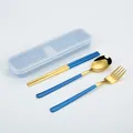 Premium blue and gold 304 stainless steel portable cutlery set with a travel storage box - 3-Piece Set (Spoon, Fork, and Chopsticks) / Blue Gold/Blue Box
