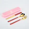 Korean-style red and gold 304 stainless steel travel cutlery set with spoon fork chopsticks - 3-Piece Set (Spoon, Fork, and Chopsticks) / Red Gold/Pink Box