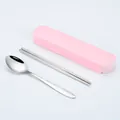 Portable stainless steel cutlery set with pink storage case including spoon and chopsticks - Basic Style / 2-Piece Set (Nordic Pink Box)