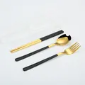 Portable black and gold 304 stainless steel cutlery set with storage box for travel - 3-Piece Set (Spoon, Fork, and Chopsticks) / Black Gold/Clear Box