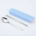 Portable stainless steel cutlery set with spoon and chopsticks in a blue travel case. - Basic Style / 2-Piece Set (Nordic Blue Box)