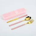 Portable 3-piece stainless steel cutlery set with pink storage case and gold finish - 3-Piece Set (Spoon, Fork, and Chopsticks) / Pink Gold/Pink Box