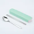 Portable stainless steel cutlery set with spoon and chopsticks in a green storage case. - Basic Style / 2-Piece Set (Nordic Green Box)