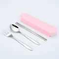 Portable stainless steel cutlery set with pink storage case, including spoon fork chopsticks - Basic Style / 3-Piece Set (Nordic Pink Box)