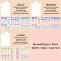 Set van 9 Morandi decoratie stickers met vlinder- en wolkvormen - 3 Pakjes Gemengd / Vlinder+Bubbel+Wolk / 3 verpakkingen