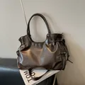 Dark brown vintage large capacity tote bag in soft PU leather with side drawstrings - Basic Style / Coffee