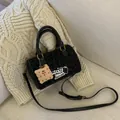 Retro black suede leopard print handbag with cute biscuit charm and adjustable strap - Black With Rabbit Pendant