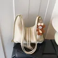Cream minimalist large capacity hobo bag featuring double straps and cute teddy bear charm - White With Charm Style (XCY56808)