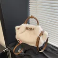 Fashionable cream white faux fur tote bag with brown straps for autumn and winter - No Pendant / Off White