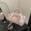 2025 new fashionable autumn winter pink fuzzy plush crossbody handbag with top handle - No Pendant / Pink