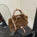 Stylish brown faux fur plush crossbody handbag with leather handles for autumn and winter - No Pendant / Brown