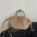 Plush faux fur shoulder bag in taupe with top handle and adjustable strap - No Pendant / Khaki
