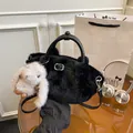 Trendy black faux fur plush crossbody handbag with cute white rabbit charm for winter - With Rabbit Charm / Black