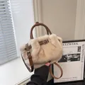 Elegant beige plush tote bag with brown leather handles, perfect for autumn and winter - With Rabbit Charm / Apricot