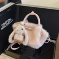 Elegant light pink plush handheld tote bag featuring a cute white rabbit charm detail - With Rabbit Charm / Pink