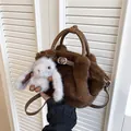 Brown plush faux fur handbag with cute bunny charm, adjustable strap, autumn winter style - With Rabbit Charm / Brown