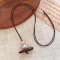 Minimalist brown wooden geometric pendant necklace on adjustable cord - Horizontal Bar With Striped Ball Style (F)