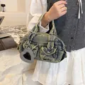 Retro washed denim bowling handbag casual crossbody shoulder bag with heart charm. - Blue With Pendant