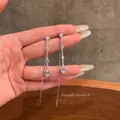 Elegant long silver fringe earrings with sparkling cubic zirconia heart charms for women - Heart Shape Rhinestone Long Tassel Style (E6884 Silver) / Silver