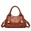 Elegant brown soft leather handbag with three-layer pockets and shoulder strap - Yellow