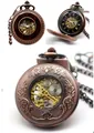 Vintage copper mechanical skeleton pocket watch with ornate floral carvings and chain - Double-sided Hollow Manual Mechanical Style / Rose Gold