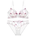 Detail view of white mesh lingerie set featuring delicate pink floral embroidery - 70B / Top And Bottom / White
