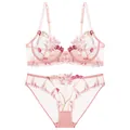 Detailed macro view of the pink mesh lingerie set with intricate cherry embroidery. - 70B / Top And Bottom / Pink