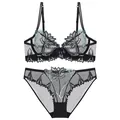 Intricate floral and cherry blossom embroidery on black mesh transparent lingerie set detail - 70B / Top And Bottom / Black