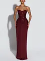 Elegant burgundy strapless evening gown featuring a sequin corset and draped slim-fit skirt - S / Dresses / Red