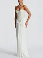 Sexy strapless white evening gown with a beaded bodice and elegant draped knot waist - S / Dresses / White