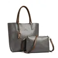 Juego de bolso tote y bandolera gris de piel con textura y elegantes asas trenzadas - Gris