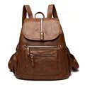 Vintage brown soft leather backpack for women featuring multiple zipper pockets and large capacity - Yellow Brown