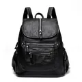 Vintage black soft leather backpack for women, large capacity versatile commuting school bag - Black