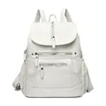 Elegant white soft leather backpack for women, featuring multiple functional zipper pockets - White