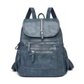 Sac à dos vintage en cuir souple pour femmes en bleu gris élégant avec poches zippées - Bleu