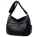 Fashion black soft leather crossbody shoulder bag for women with multi-zipper pockets - Black