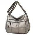 Stylish metallic grey soft leather crossbody shoulder bag for women with multiple pockets - Gold