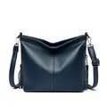 Large capacity navy blue pebble leather crossbody bag with stylish side tassels - Blue