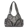 Vintage dunkelgraue Motorradhandtasche aus weichem Kunstleder mit mehreren Reißverschlüssen - Grau (1166)