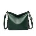 Elegant dark green pebbled leather bucket bag featuring large capacity and tassels - Green