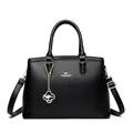 Elegant black lychee pattern leather handbag with kangaroo logo and gold charm. - Black With Black