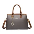 Elegante graue strukturierte Lederhandtasche für Damen mit braunen Griffen und Goldanhänger - Grau Khaki