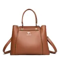 Elegant brown litchi grain leather handbag featuring gold kangaroo logo and handles - Yellow Brown