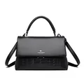 Elegant black leather top-handle handbag with kangaroo logo and adjustable shoulder strap - Black