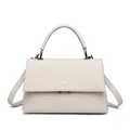Elegant beige embossed satchel bag for women with top handle and crossbody strap. - Off White