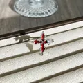 Close-up of a gothic red enamel cross ring with a sparkling heart-shaped stone accent - Red Cross Style (2) / Adjustable Open