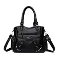 Elegant black leather handbag with rhinestone accents and adjustable strap for women - Black